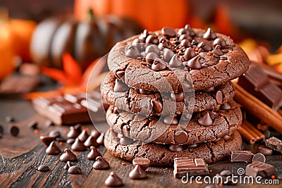 Gourmet Chocolate Chip Cookies with Sprinkles and Chocolate Bars on Wooden Autumn Theme Background Stock Photo