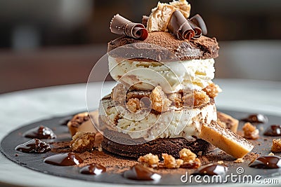 Gourmet Chocolate and Vanilla Ice Cream Dessert with Nuts and Chocolate Shavings on Elegant Plate Stock Photo