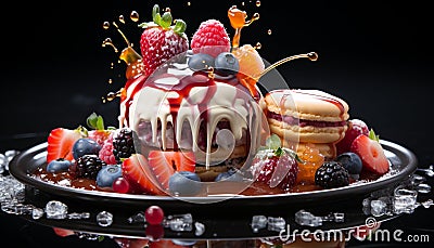 Gourmet dessert Fresh berry slice on homemade chocolate pancake generated by AI Stock Photo