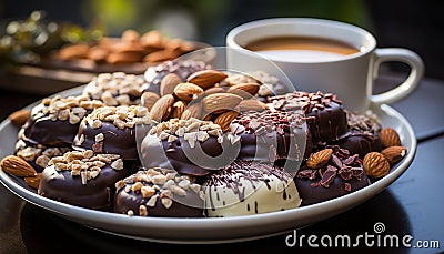 Gourmet dessert plate with chocolate, almond, and coffee generated by AI Stock Photo