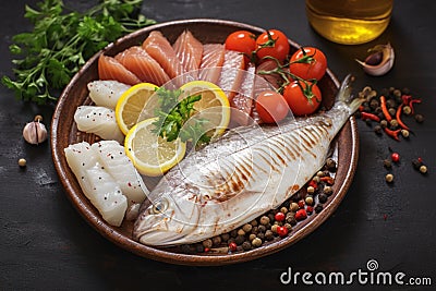 Gourmet dinner seafood fish plate with fresh raw fish Stock Photo