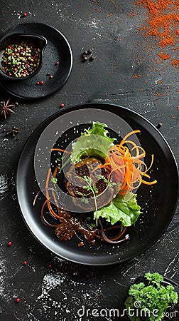 Gourmet dish on a black plate, culinary art., AI Generated Stock Photo