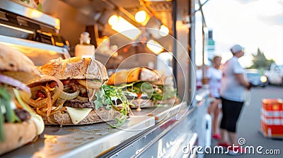 A gourmet food truck selling delectable paninis with gourmet toppings like mango chutney and caramelized onions using Stock Photo