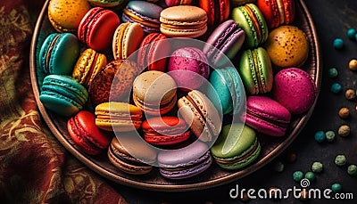 A gourmet French macaroon stack, multi colored and ready to eat generated by AI Stock Photo