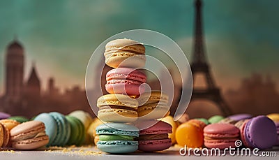 A gourmet French macaroon stack, multi colored and sweetly delicious generated by AI Stock Photo