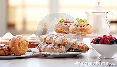 Gourmet French Pastries Assortment on Elegant Breakfast Table, AI Generated Stock Photo