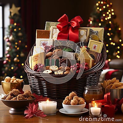 Gourmet Galore: A Gastronomic Delight in a Festive Basket Stock Photo