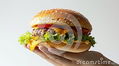 Gourmet Gastronomy, A Handcrafted Hamburger Masterpiece Laden With Melted Cheese and Garden-Fresh Lettuce Stock Photo