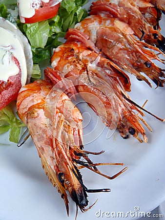 Gourmet Greek food, shrimp kebab Stock Photo