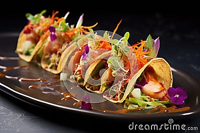 gourmet lobster taco with chipotle sauce on a silver platter Stock Photo