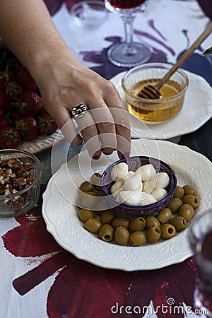 A gourmet lunch: varrious appetizers with red wine Stock Photo