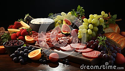 A gourmet meal with fresh fruit, meat, and variety generated by AI Stock Photo