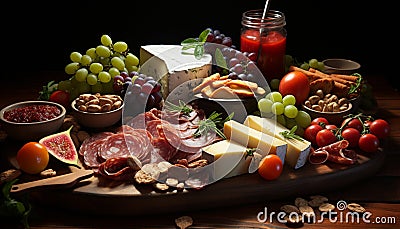 Gourmet meal variety of fruit, meat, and cheese generated by AI Stock Photo