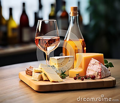 Gourmet meal, wine bottle, cheese slice, rustic table generated by AI Stock Photo