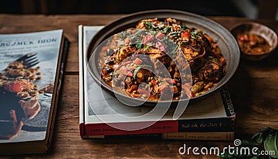 Gourmet meat and veggie lunch on wooden table generated by AI Stock Photo