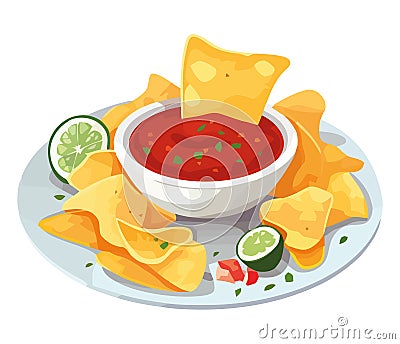 Gourmet nachos and sauce plate meat Vector Illustration