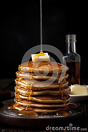 Gourmet photography of stack of browned delicious pancakes with maple syrups and butter over dark background Stock Photo