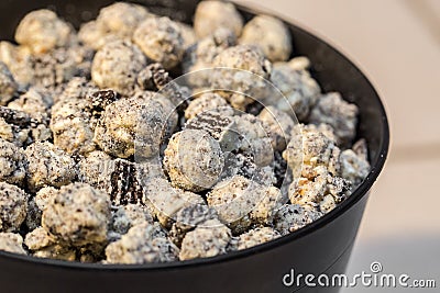Gourmet popcorn bowl of white chocolate and cookies and cream Stock Photo