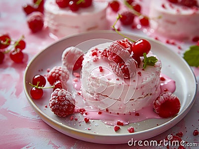 Gourmet Raspberry Meringue Dessert with Fresh Berries and Mint on Elegant Plate, Perfect for Food Blogs and Culinary Magazines Stock Photo