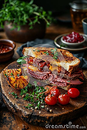 Gourmet Roast Beef Sandwich on Rustic Wooden Board Stock Photo
