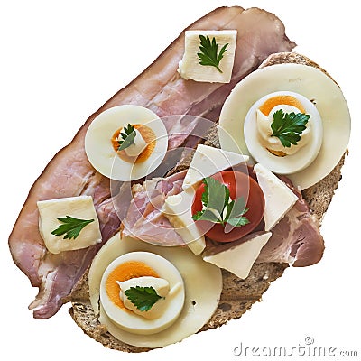 =Gourmet Sandwich With Bacon Rashers Gammon Ham Cheese And Eggs Slices And Tomato Isolated On White Background Stock Photo