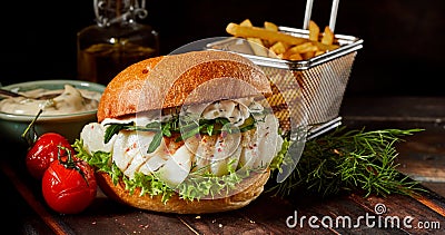 Gourmet seafood codfish burger with fish fillets Stock Photo