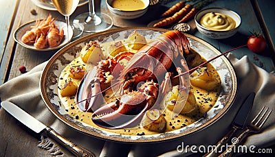 Elegant Seafood Dinner with Lobster, AI Generated Stock Photo