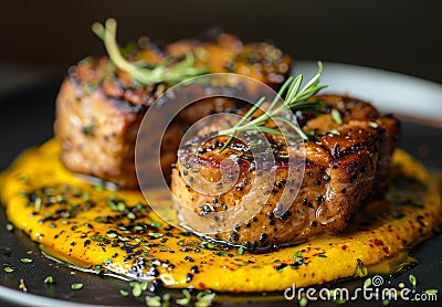 Gourmet Seared Pork Chops with Herb Garnish Stock Photo