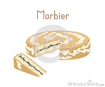 Gourmet semi-soft cheese with sticky rind and thin black layer in the middle. Cut triangle piece of delicious French Vector Illustration