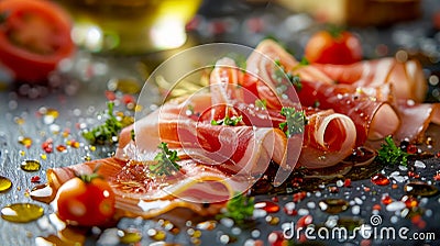 Gourmet Sliced Prosciutto with Fresh Herbs, Cherry Tomatoes, and Olive Oil on Rustic Background Stock Photo