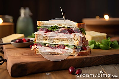gourmet turkey and cranberry sandwich on a patterned wooden board Stock Photo