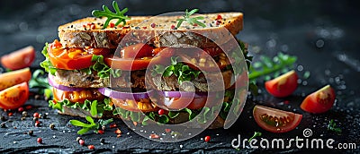 Gourmet Veggie Sandwich Delight on Dark Backdrop. Concept Food Photography, Vegetarian Cuisine, Stock Photo