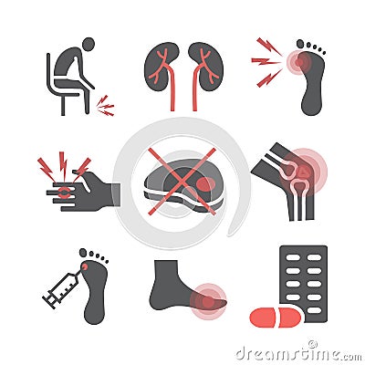 Gout. Symptoms, Treatment. Flat icons set. Vector signs for web graphics. Vector Illustration