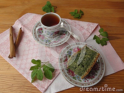 Goutweed ginger green cake on plate, organic food Stock Photo