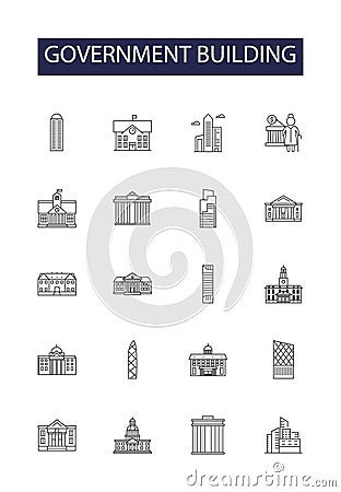 Government building line vector icons and signs. Building, Capitol, Townhall, Courthouse, Ministry, Embassy, Consulate Vector Illustration