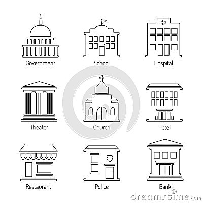 Government building outline icons set Vector Illustration