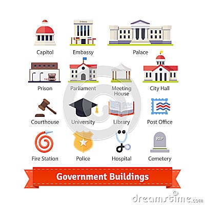 Government buildings colourful flat icon set Vector Illustration