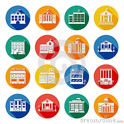 Government Buildings Flat Icons Vector Illustration