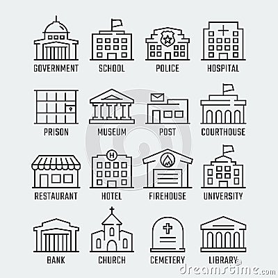 Government buildings icons in thin line style Vector Illustration