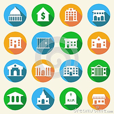 Government Buildings Icons Flat Vector Illustration