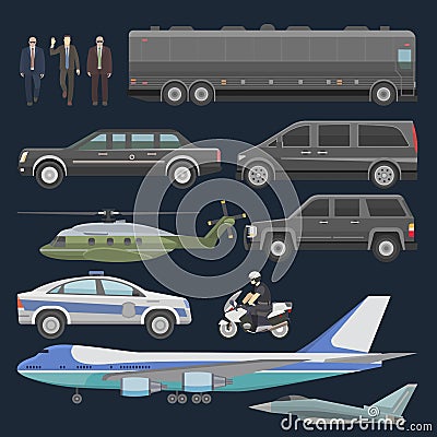 Government car vector presidential auto plane and luxury business transportation with police car illustration set of Vector Illustration