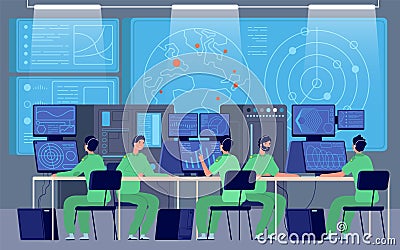 Government control center. Command room, engineers controlling military mission. Security station, cybersecurity Vector Illustration