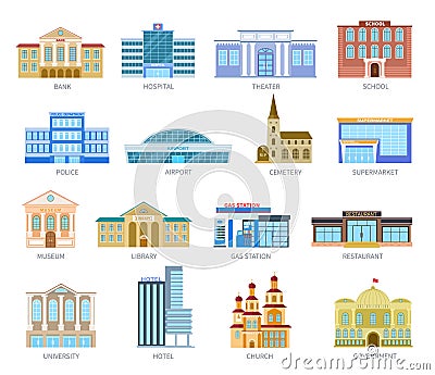 Government flat houses. Bank hospital school university airport police library church. Municipal city buildings exterior Vector Illustration