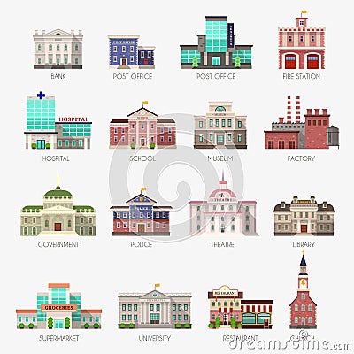 Government houses. Municipal office bank, buildings hospital school university police station library city exterior flat Vector Illustration