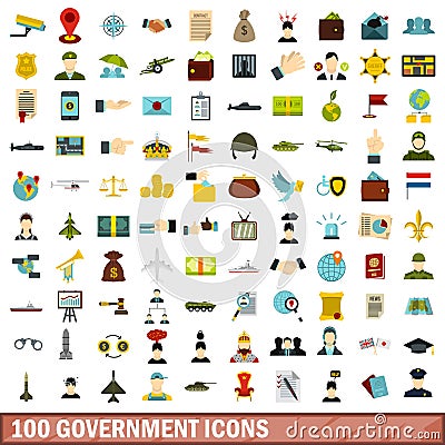 100 government icons set, flat style Vector Illustration