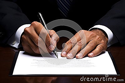 A government official signs a net-zero policy document, symbolizing a strong commitment to carbon reduction, Generated AI Stock Photo