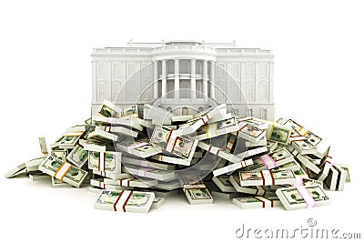 Government relief concept. White house sitting on top of a huge pile of money to be distributed to the population Stock Photo