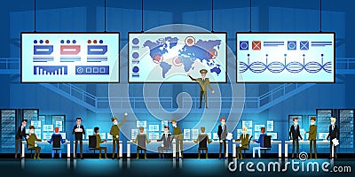 Government Surveillance Agency and Military Joint Operation in command control center. People and the military Working Vector Illustration