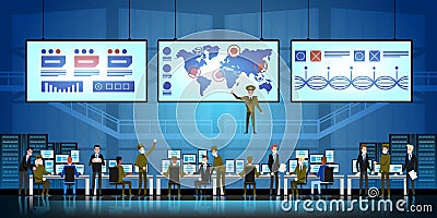 Government Surveillance Agency and Military Joint Operation in command control center. People and the military Working Vector Illustration