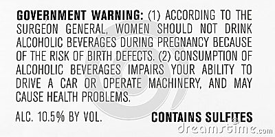 Government warning alcohol wine sulfites consumer Stock Photo